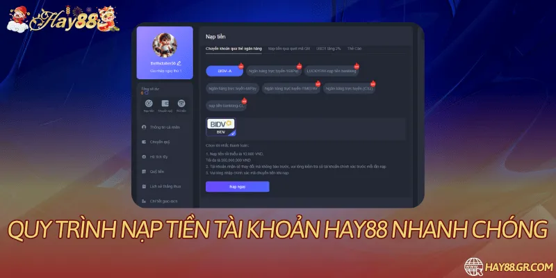 Nạp tiền qua ngân hàng, ví điện tử hoặc mã QR, xử lý tức thì